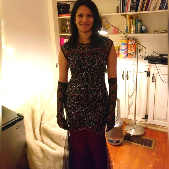 1920s Flapper Style Beaded Maxi Dress Black & Burgandy Prom Gatsby Dress size 4 - Picture 6 of 17